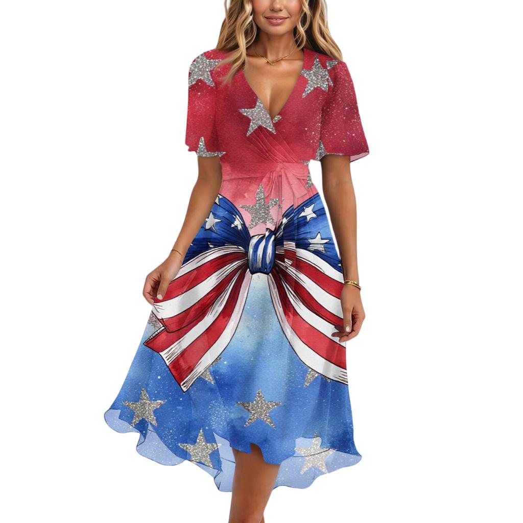 Women's Fashionable Casual V-neck Short-sleeved Independence Day Printed Dress