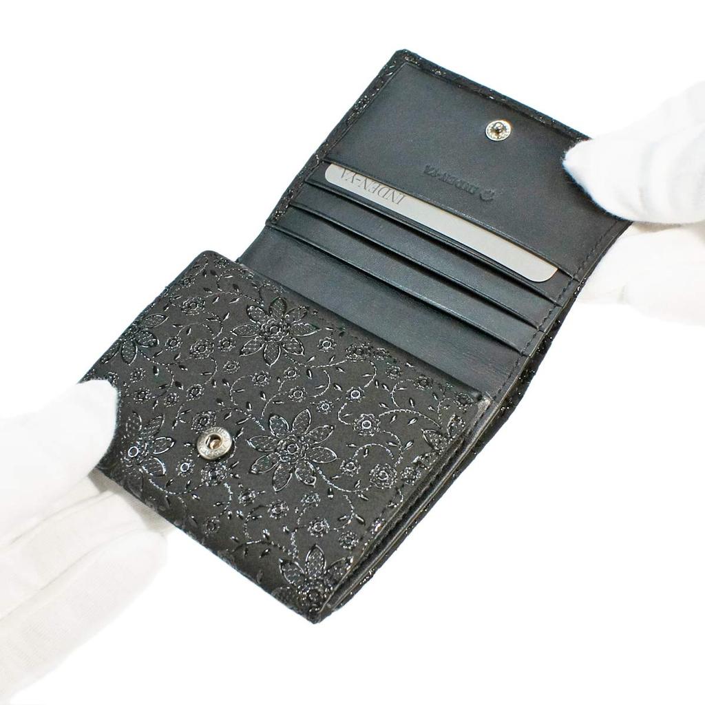 Inden Bill Compartment Coin Deerskin Black with Black Clematis [Inden-ya] Bi-fold Wallet, H, Box-type Purse, Leather, Lacquer, Pattern, 2204-01-169