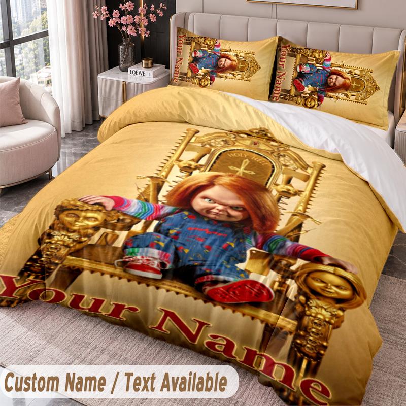 Benutzerdefinierter Name Text 3-teiliges Bettwäsche-Set Kinderspiel Chucky Tiffany Bettbezug und zwei Kissenbezüge