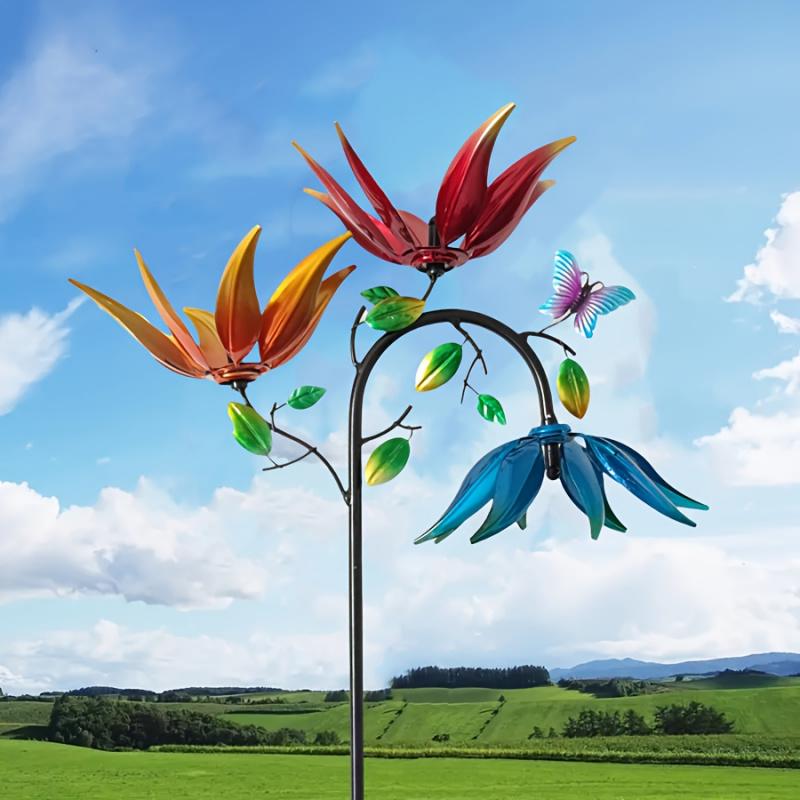 Metal Wind Spinner with Flowers and Butterflies, Three Rotating Flower and Butterfly Windmills for Outdoor Garden Art Decoration
