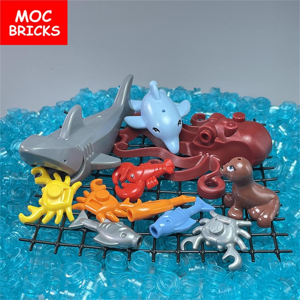 Set  MOC Bricks Fishing Net Ocean Animals Dolphin Little Shark Seal Whale Educational Building Blocks Toys Kids Gifts