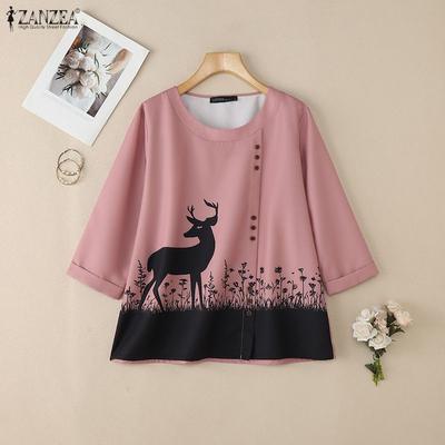 Women Casual Round Neck 3/4 Sleeve Loose Print Blouse