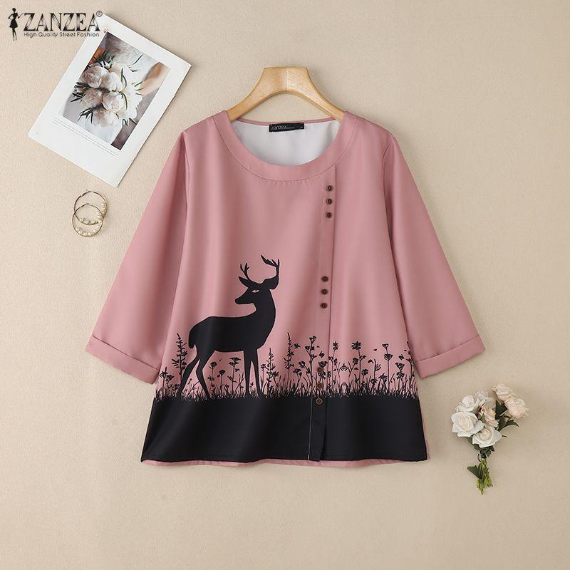 ZANZEA Women Casual Round Neck 3/4 Sleeve Loose Print Blouse