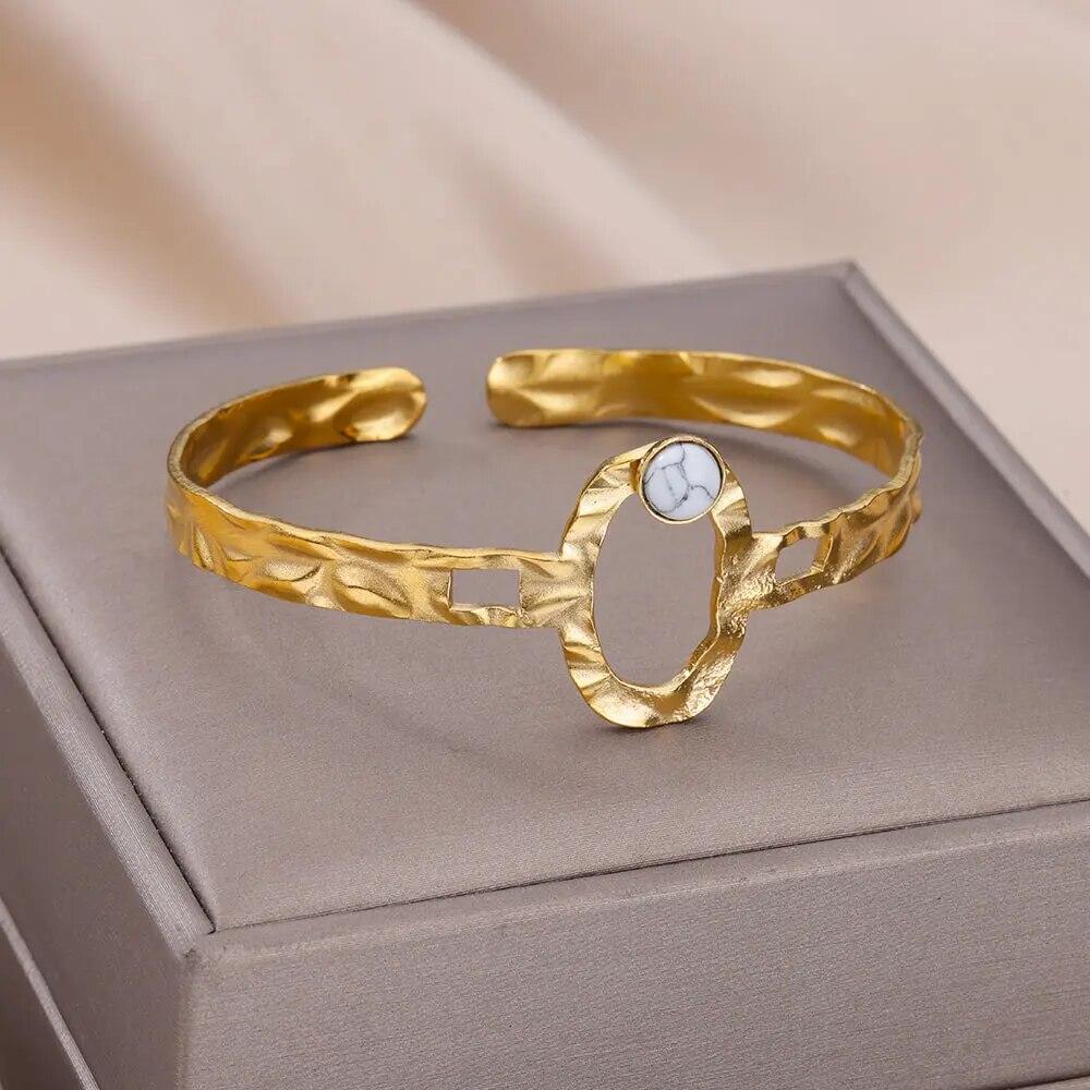 Artificial Green Stone Stainless Steel Cuff Bracelet for Women Gold Color Bangle Bracelets Female Vintage Jewelry Accessories