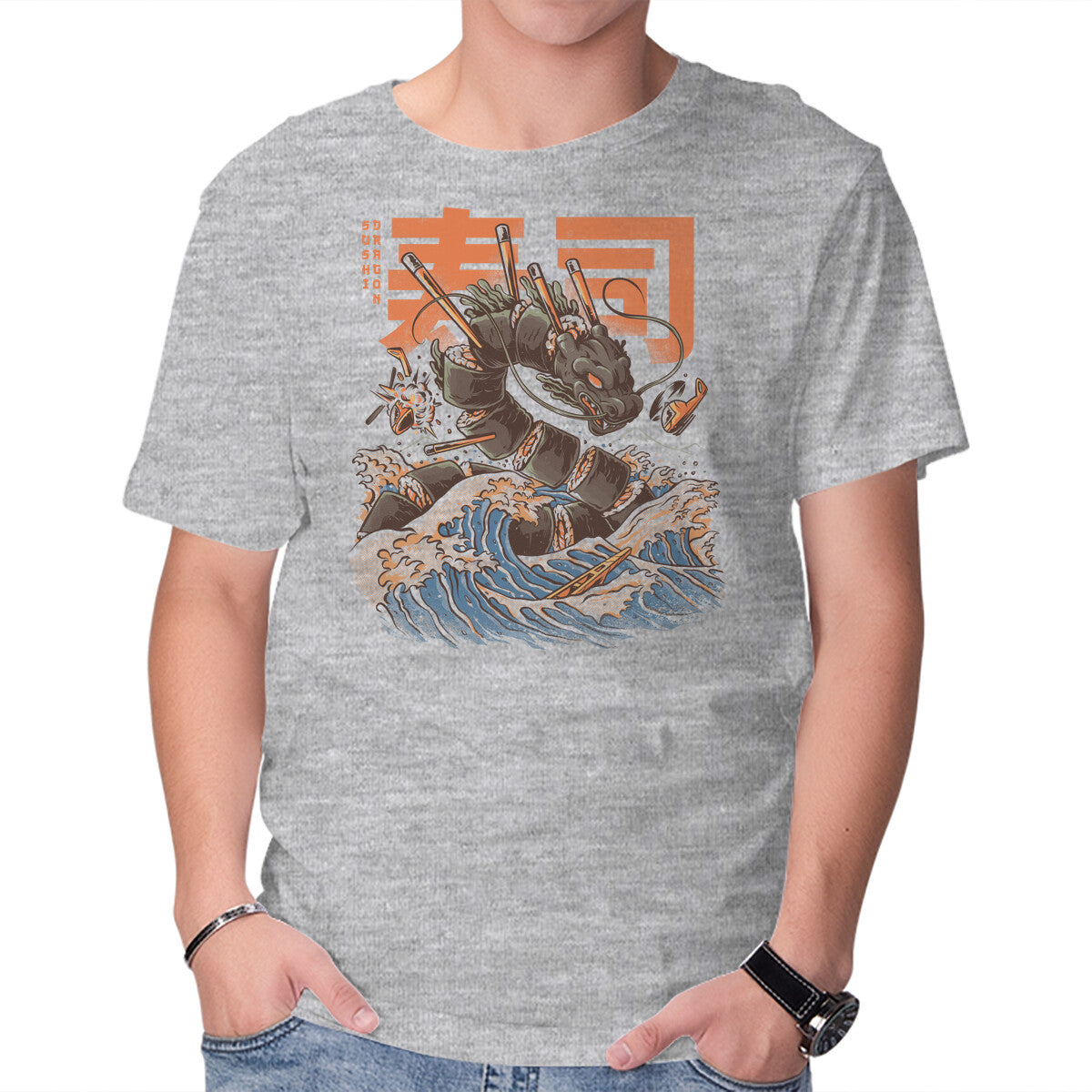 Unisex Crew Neck T-Shirt Great Sushi Dragon Graphic Short Sleeve Casual Tee XXXL