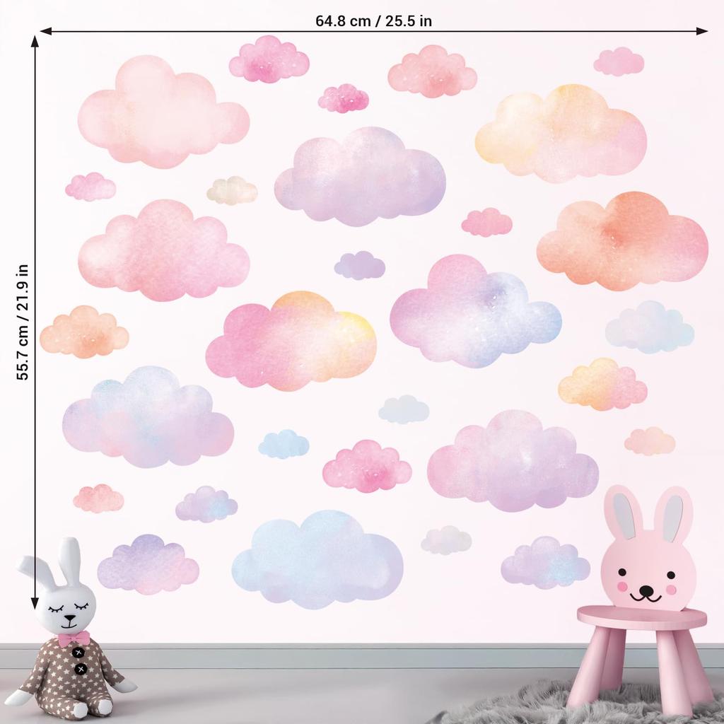 DECOWALL Pastel Cloud Wall Stickers for Watercolor Peel and Baby x cm Kids' Rooms, Style, Stick, Reusable, Room/Playroom/Kids Room, 64.8 55.7