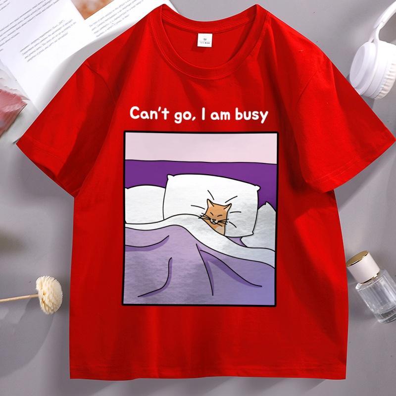 Sorry Cant I Am Busy T Shirt Soft Sleepy Funny Cat Cotton Tshirt Unisex Women Loose Japanese Aesthetic Tshirt Male Clothes