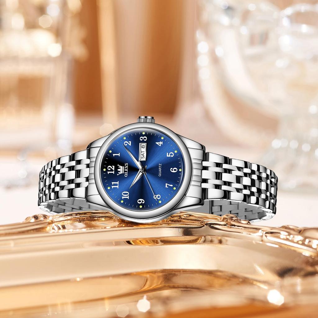 OLEVS Analog Quartz Watch with Date and Day Popular for Women and Blue Silver and Stainless Steel Blue Women's Display, Waterproof, Stylish, Business,