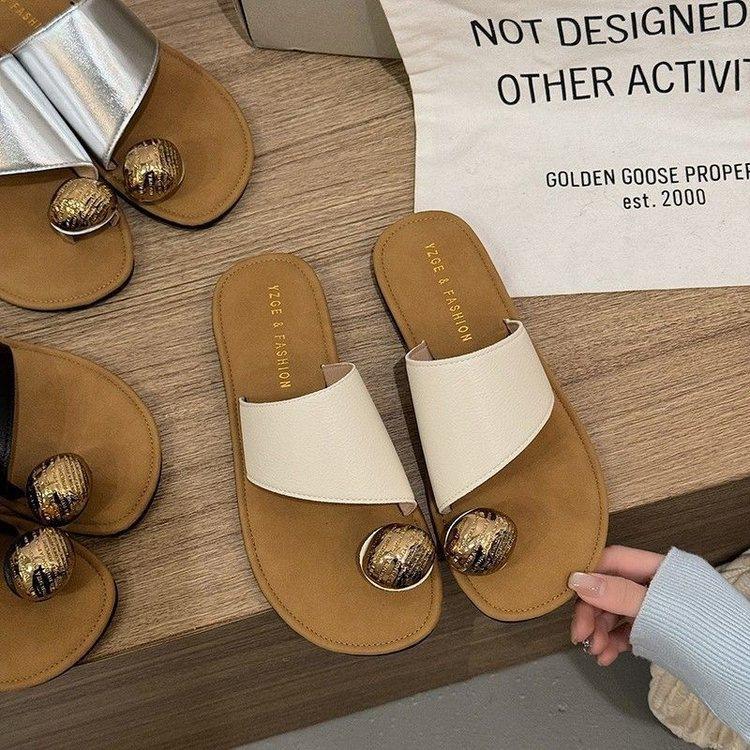 Korean Fashion Metal Buckle Cover Toe Slippers Women's Summer Wear 2025 New Flat-bottomed Comfortable One-word Cool Slippers