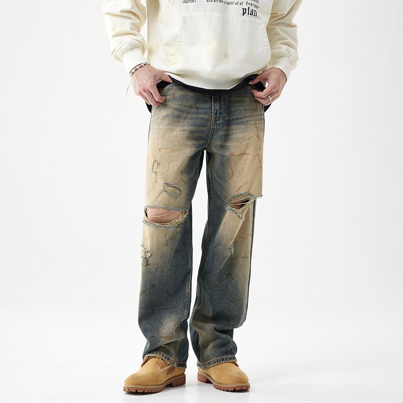 Graffiti Denim Amerikanische High Street zerrissene Jeans Herren Clean Fit Retro Straight alt gewaschene Hosen Herren