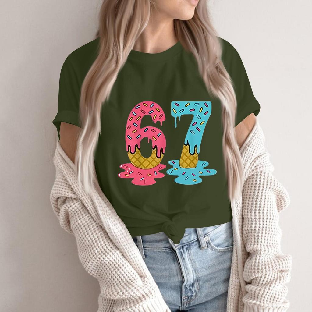 Women's Fashionable Casual Short Sleeved Printed T-Shirt Round Neck Top