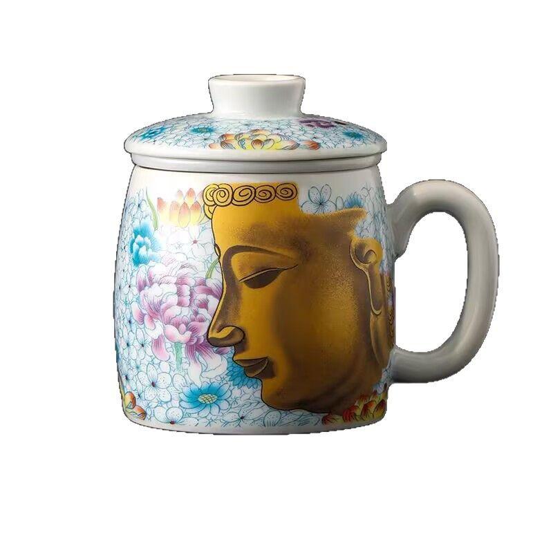 Soda Glaze Ceramic Flower Blooming Buddha Office Cup Water Cup With Lid Filter Tea Separation Tea Cup Gift Box