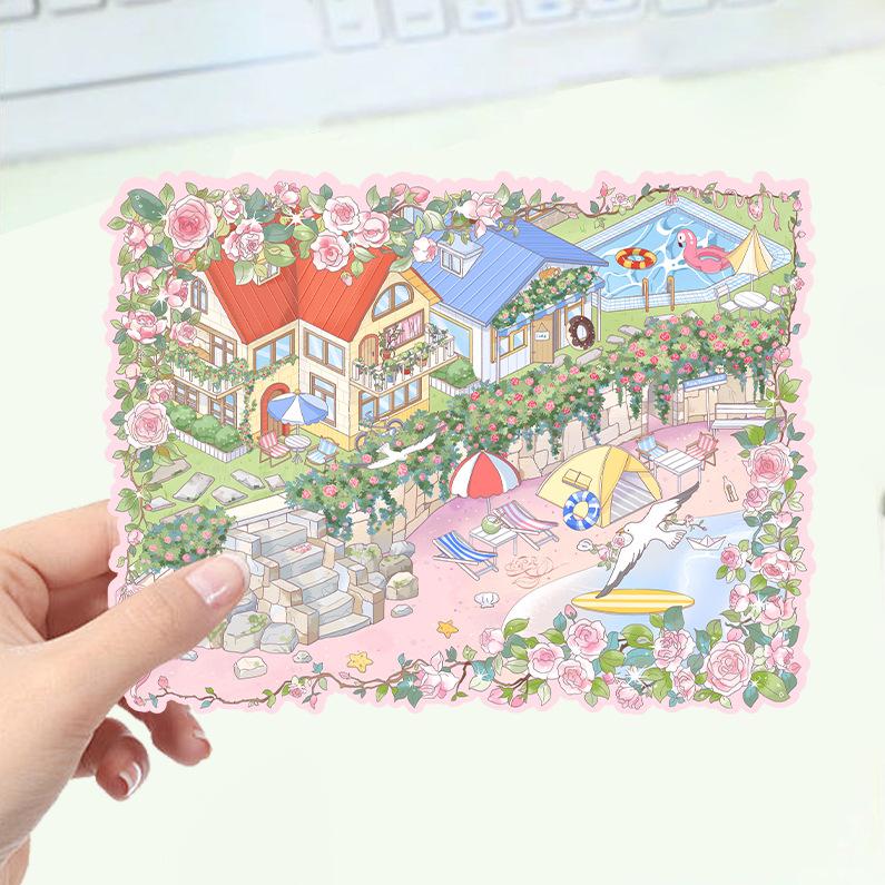 Cartoon Rose Seashore Vacation Landscape Sticker 3D Miniature World Unzip DIY Scene Manual