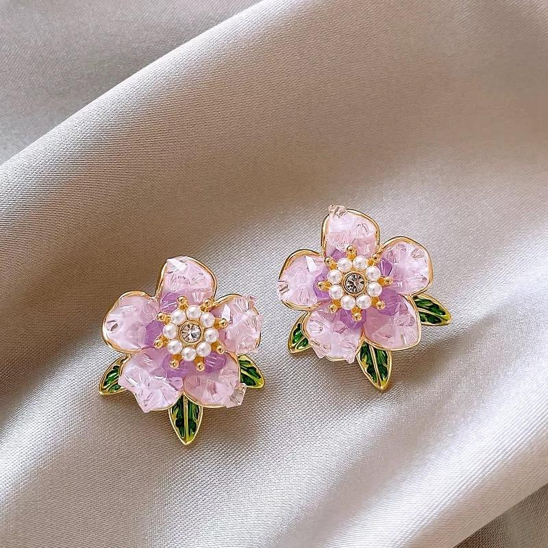 111 Silver Needle Purple Camellia Flower Crystal Stud Earrings Female, New Sweet Petal Earrings Light Luxury Premium Earrings