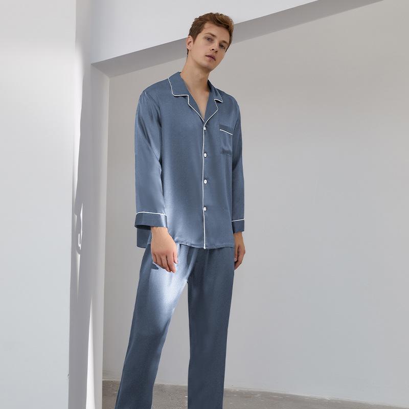 

Мужской шелковый пижамный комплект: Топ с длинным рукавом и брюки с вышивкой бабочек, 100% шелк тутового дерева XXL