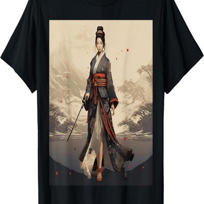Samurai Girl Vintage Retro Sakura Cherry Blossom T-Shirt(263)