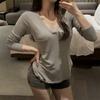 Pure Desire Long Sleeve T-Shirt Women's Spring Autumn Tees New Casual Bottoming Shirt Collarbone V-Neck Top