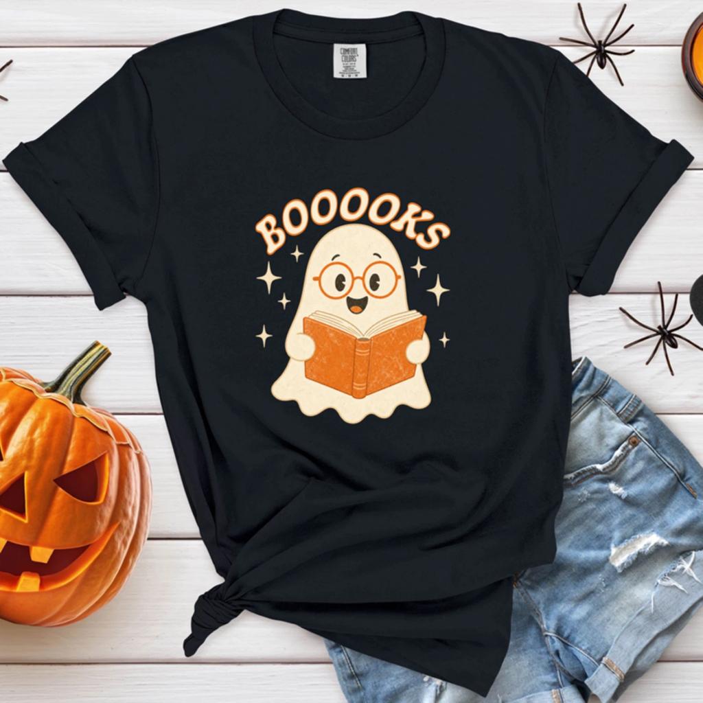 Booooks Ghost Reading Shirt, Cute Halloween Book Lover Tee, Spooky Reader Gift