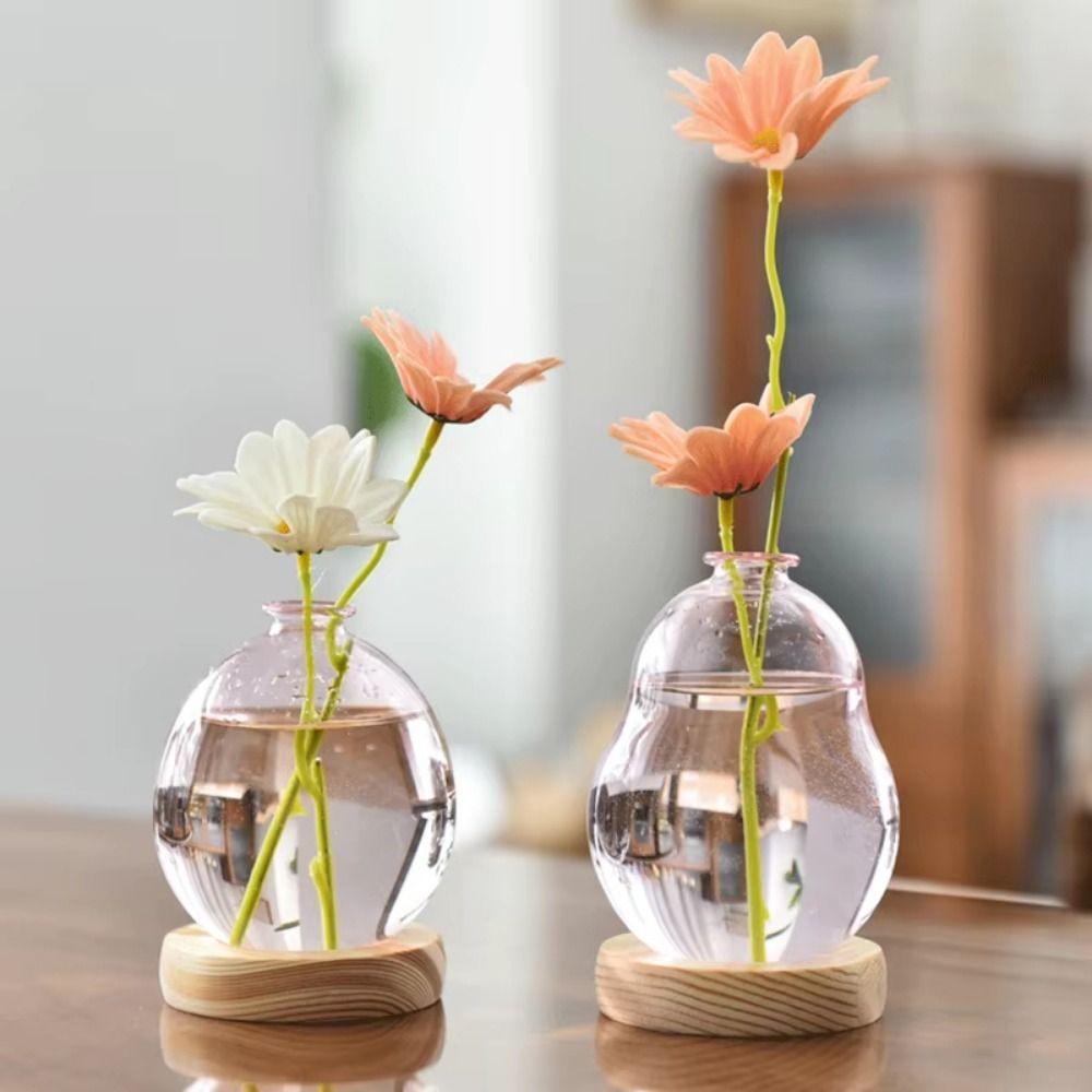 Transparent/Pink Creative Bubble Glass Vase With Wood Base Desktop Decorating Flowerpot  Home