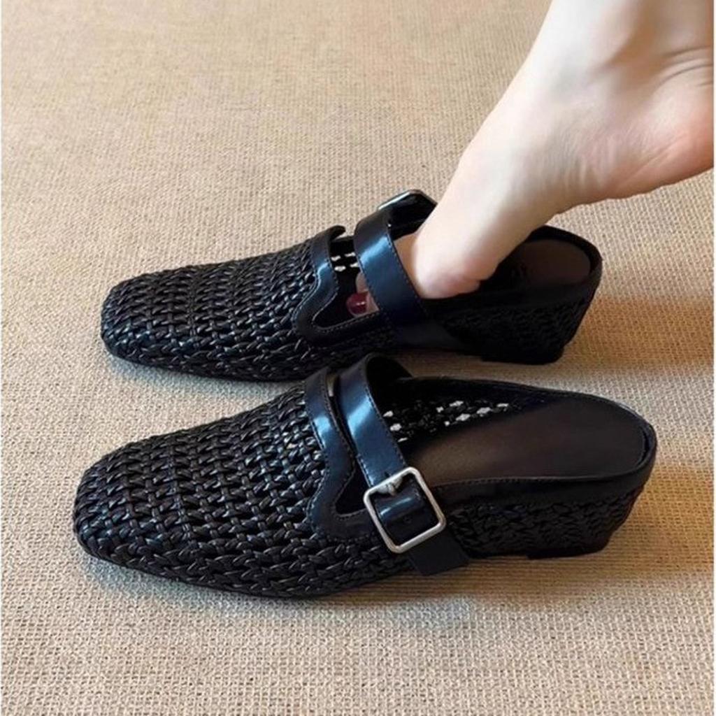 Women's Fashion Hollow Woven Slope Heel Muller Shoes Belt Buckle Design Breathable Half Slippers Comfortable Sandals