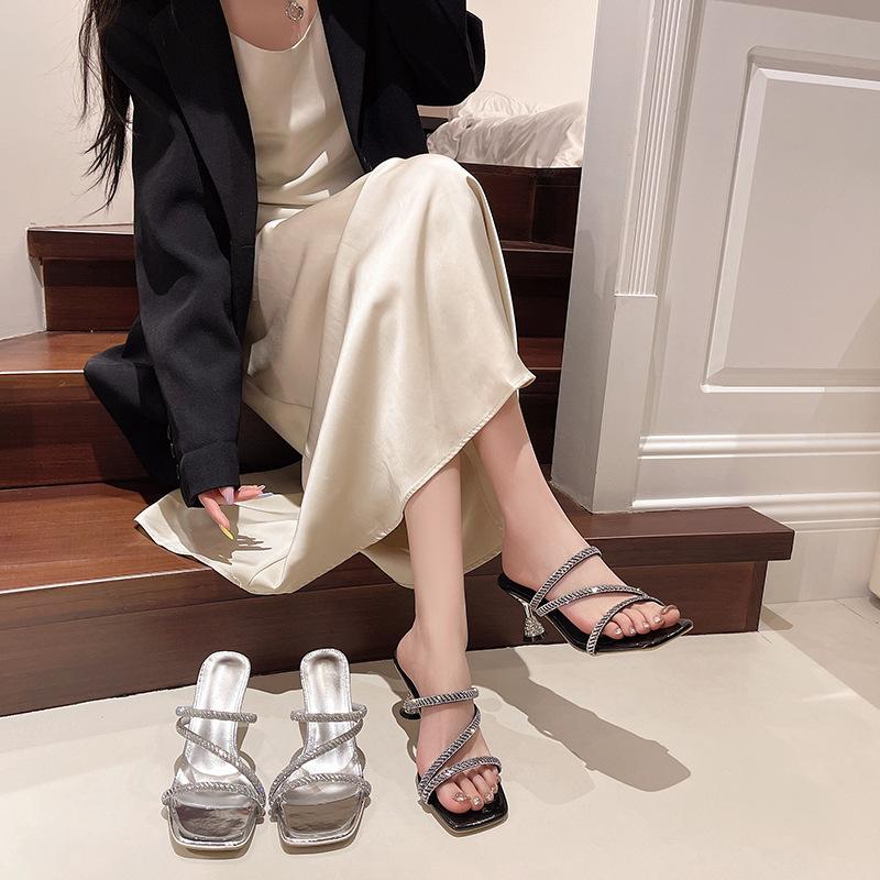 Rhinestone High-heeled Slippers Women's Summer Outer Wear Fashion 2025 New Models with Skirts Fitting Room Stiff Heel with Slippers