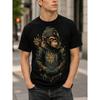 Herren Schwarz Grafik T-Shirt mit coolem Affen im Hoodie Mütze Graffiti Kunst Kurzarm Rundhals Baumwolle Lässig Streetwear Oberteil