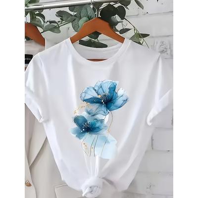 Europäische Größe Damen Blau Floralprint T-Shirt - Lässig Rundhals, Kurze Ärmel, Aus Weichem Material, Perfekt für Frühling/Sommer/Herbst, Floralprint Shirt