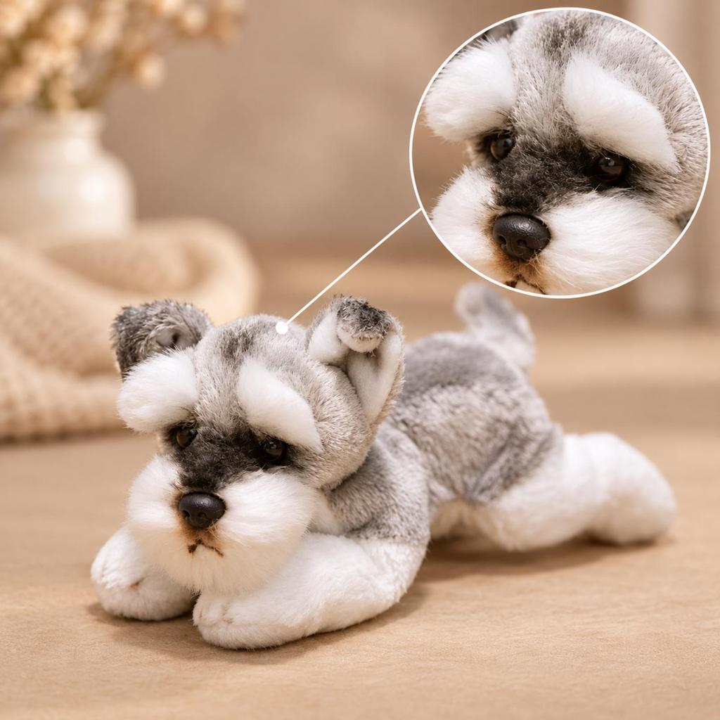 Liegender Schnauzer Plüschtier Stofftier Kuschelhund mit Schlappohren für Kinder,
