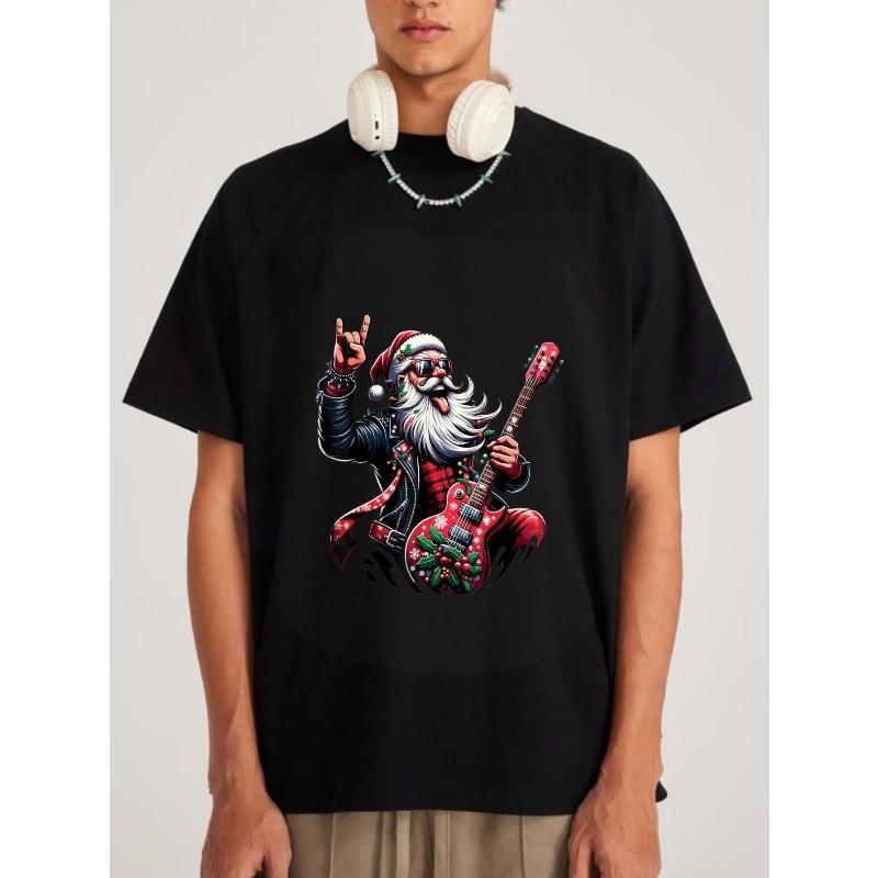 

Рождественская рок-футболка Санта-Клаус белая с принтом рок-н-ролльного Санты с гитарой для праздничной вечеринки и празднования Рождества XXXXL чёрный