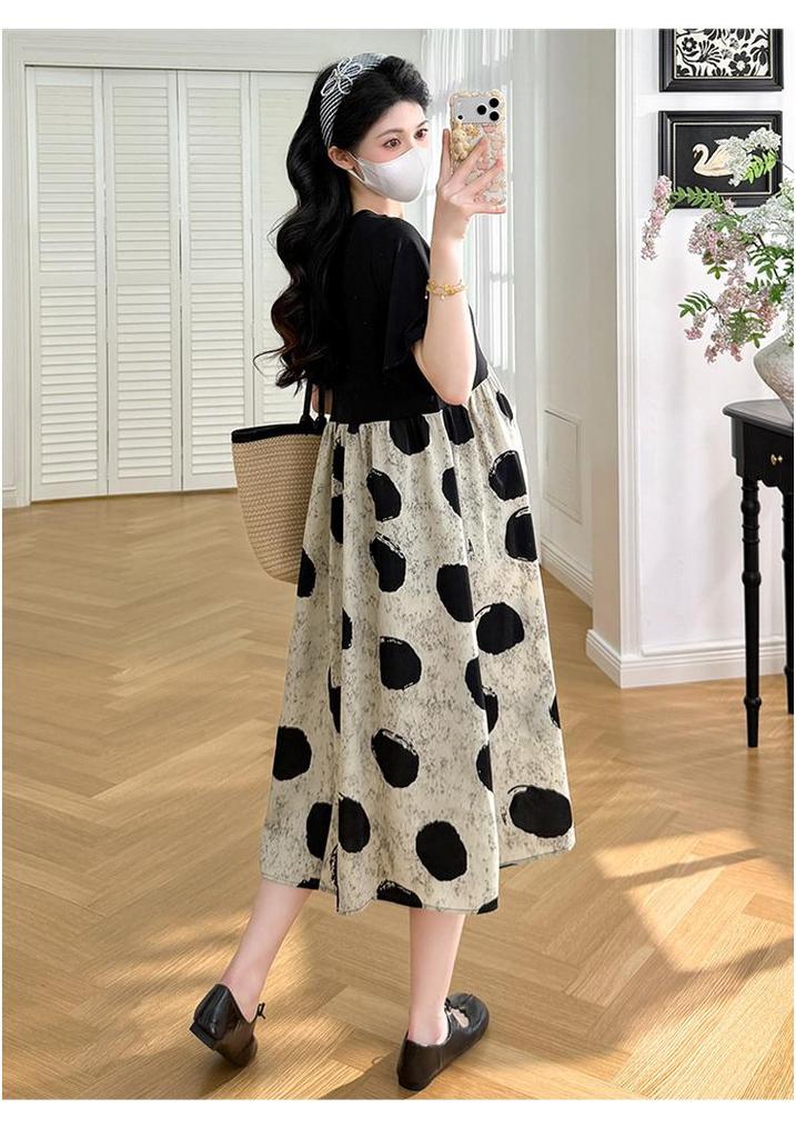 2026 Summer Short Sleeve Korean Maternity Dress: Stylish Patchwork, Loose Fit, Two-Piece Look, Trendy Belly Cover for Moms
