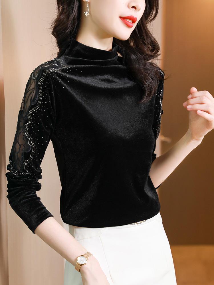 Stylish Versatile Velvet Lace High-Neck Long-Sleeve Shirt for Women