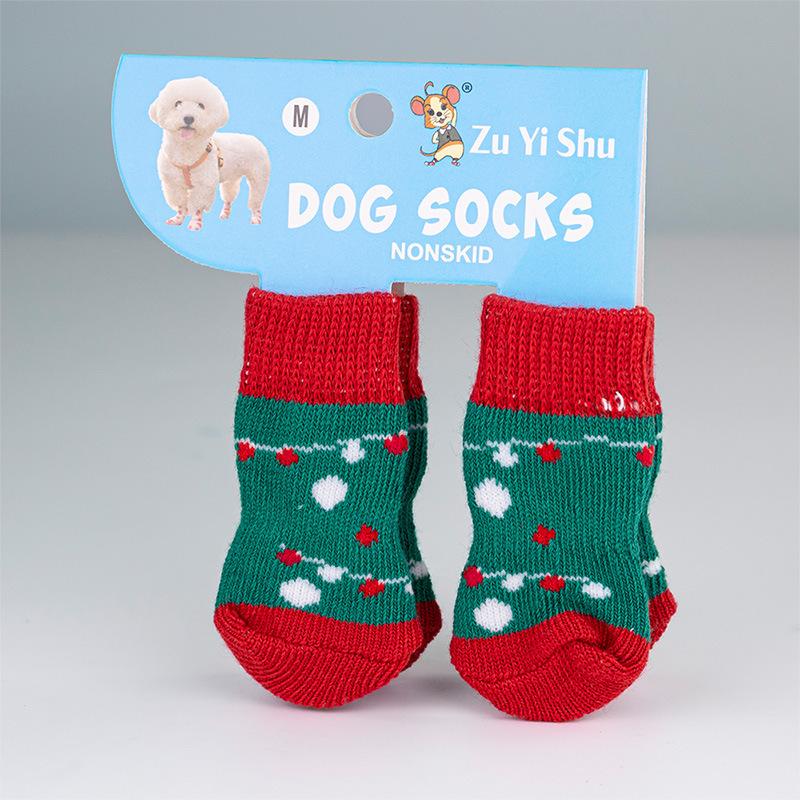 4Pcs/set Christmas Deer Snowman Pet Knitted Socks Winter Warm Indoor Wear Slip On Paw Protector Small Dogs Cat Socks Shoes