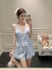 Sexy Pajamas Women's Summer French Girl Lace-up Shorts Two-piece Set Ice Silk Pure Desire Temptation Suspender Thin Set