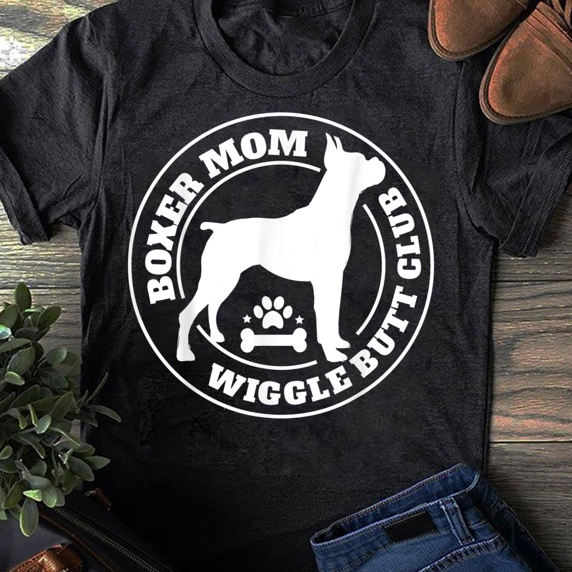 Boxer Mom Wiggle Butt Club Women T Shirts Funny Dog Lover Cotton Tops S чёрный