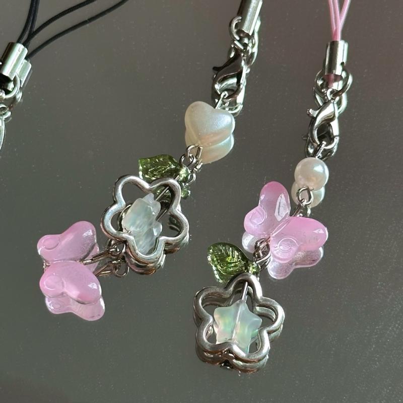 Ręcznie robiony łańcuszek do telefonu z koralików kwiat i motyl zawieszka do telefonu komórkowego kolorowy brelok wisiorek dodatek do telefonu komórkowego