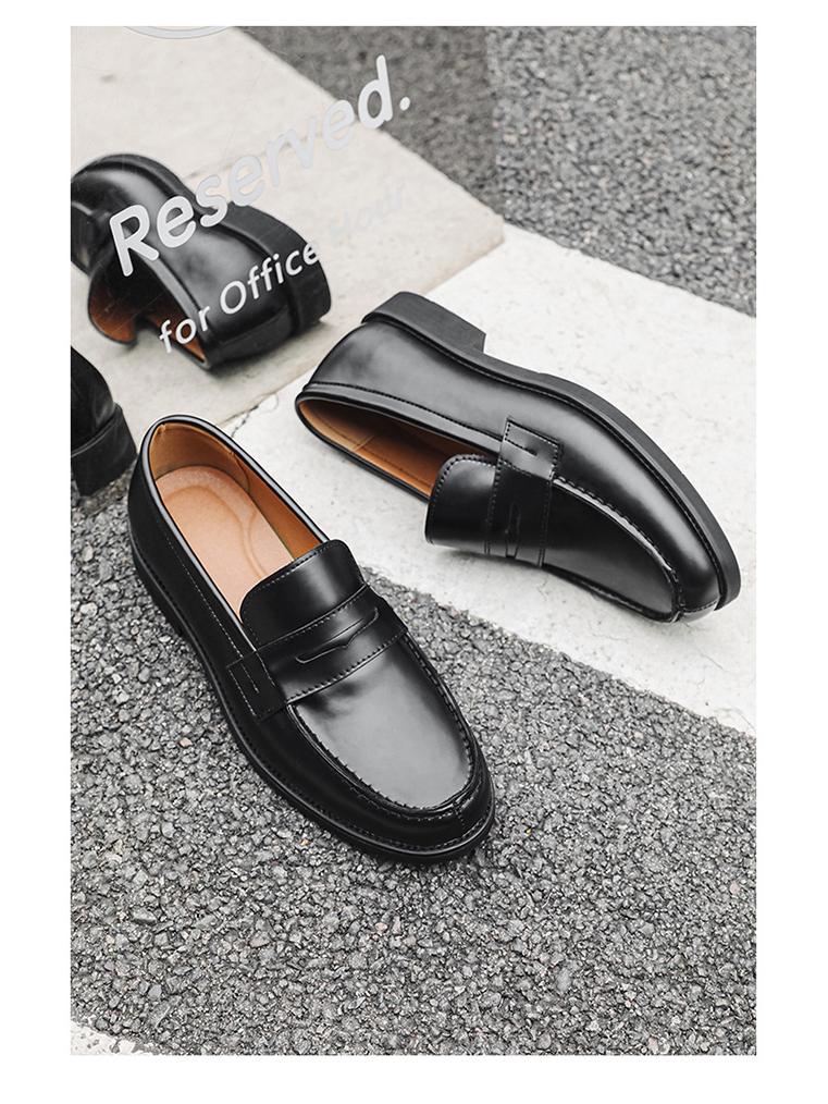 Men's Black Leather Slip-on Loafers, Casual Business Formal Derby Shoes, British Style, 14532-J