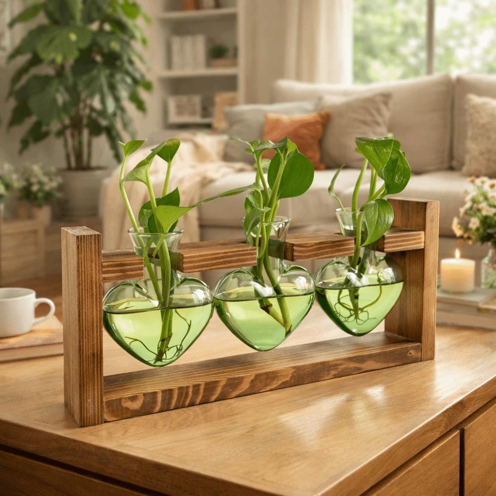 Minimalist Transparent Heart Shaped Glass Vase Wooden Stand Elegant Hydroponic Vase Colorful Flower Container Home Decoration