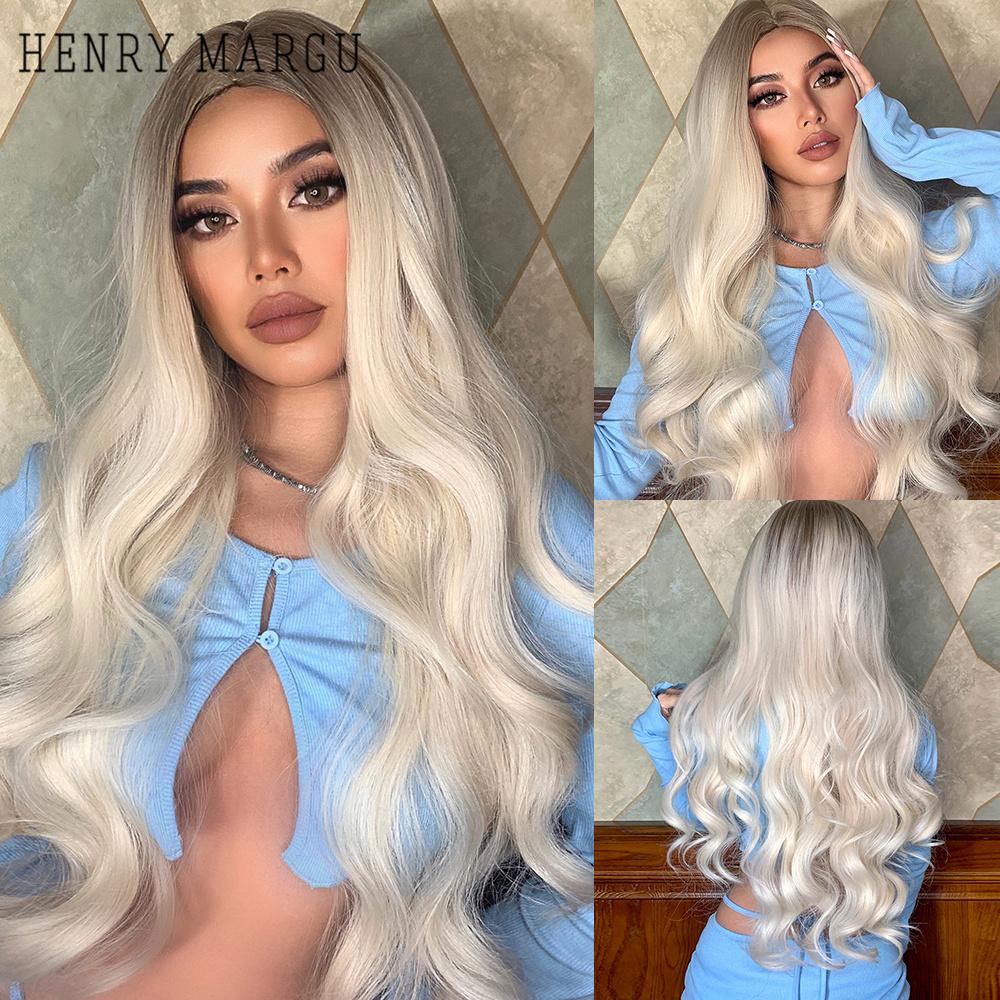 HENRY MARGU Ilgi vandens banguoti sintetiniai perukai nuo rudos iki blondinės spalvos Ombre perukai su kirpčiukais moterims vakarėliams Cosplay karščiui atsparūs perukai