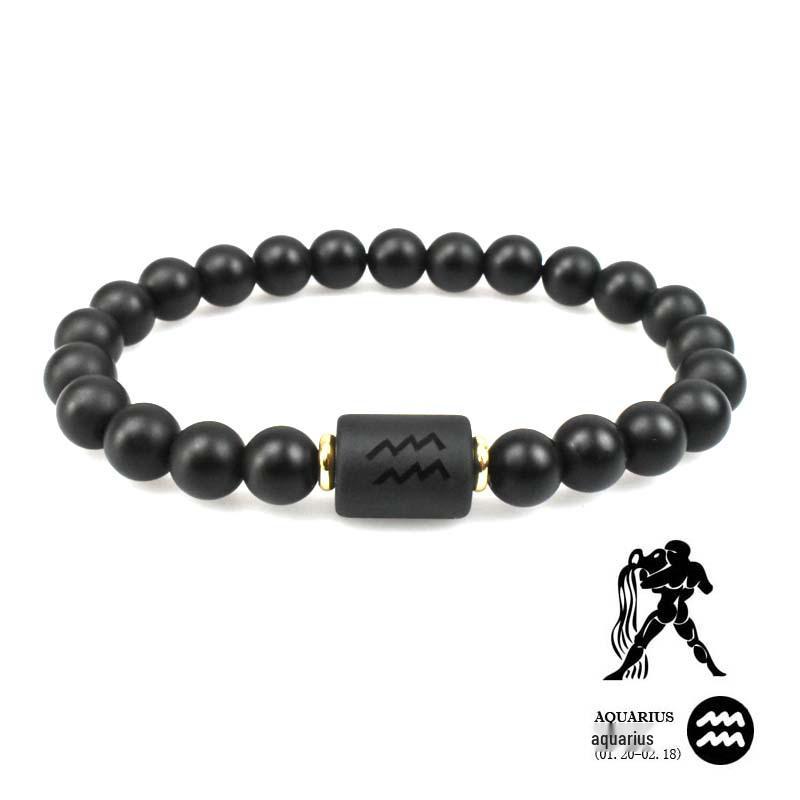 Zodiac Natural Stone Couple Bracelet with Frosted Black Agate Beads