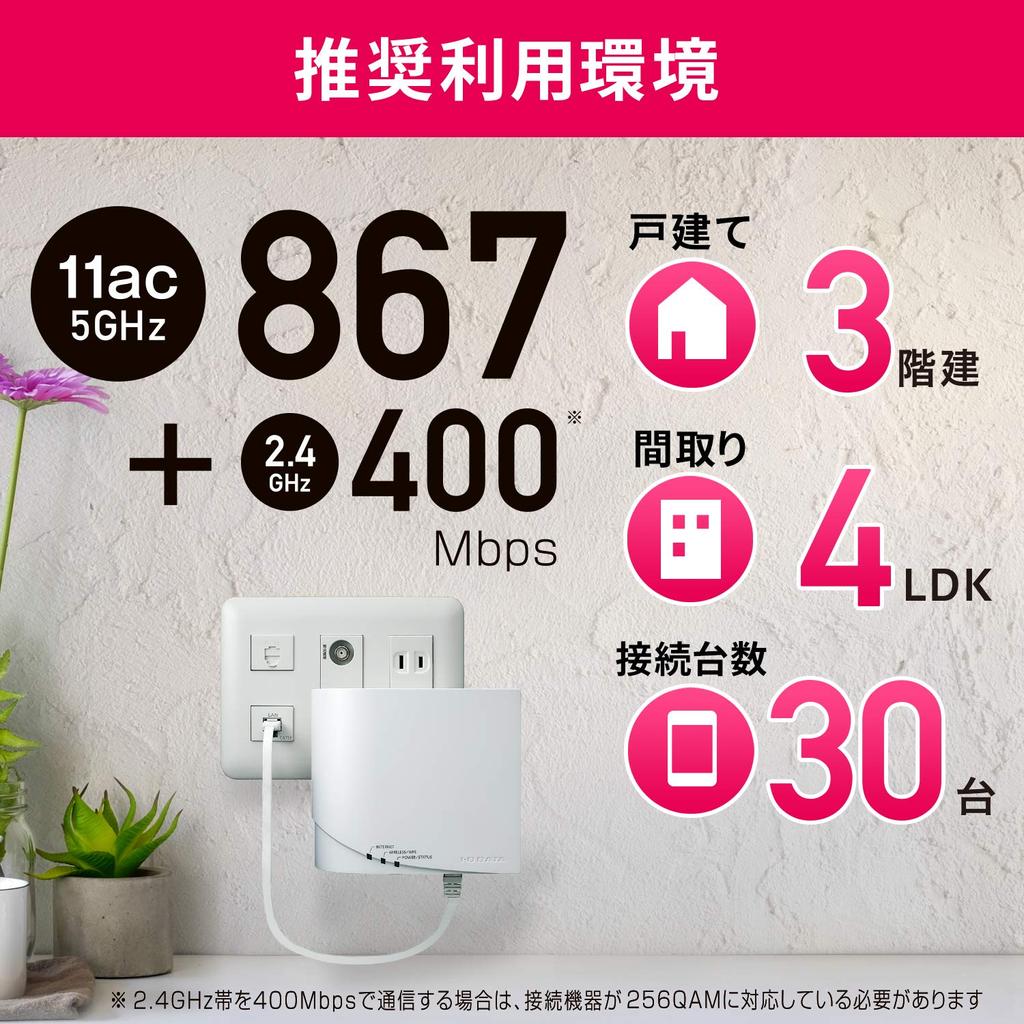 Data WiFi Wireless LAN Router 11ac 1 Handset Directly Connected To Outlet IPv6 Units Japanese Manufacturer I-O Wi-Fi 867+400Mbps 3-story/4LDK/30
