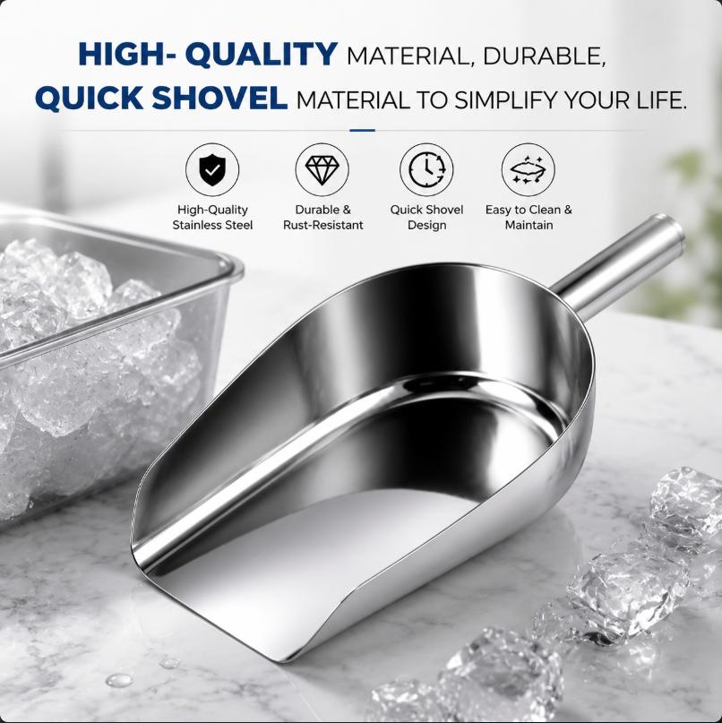 Multi-Purpose Ice Scoop Stainless Steel Food Flour Grain Shovel with Ergonomic Handle Practical for Kitchen Bar Restaurant Use