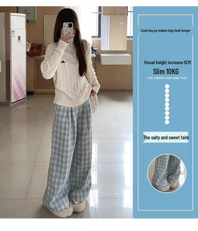Women's Blue Plaid High-Waisted Loose-Fit Yamamoto Pants - Petite, Casual Wide-Leg, Spring/Autumn 2025 Collection.