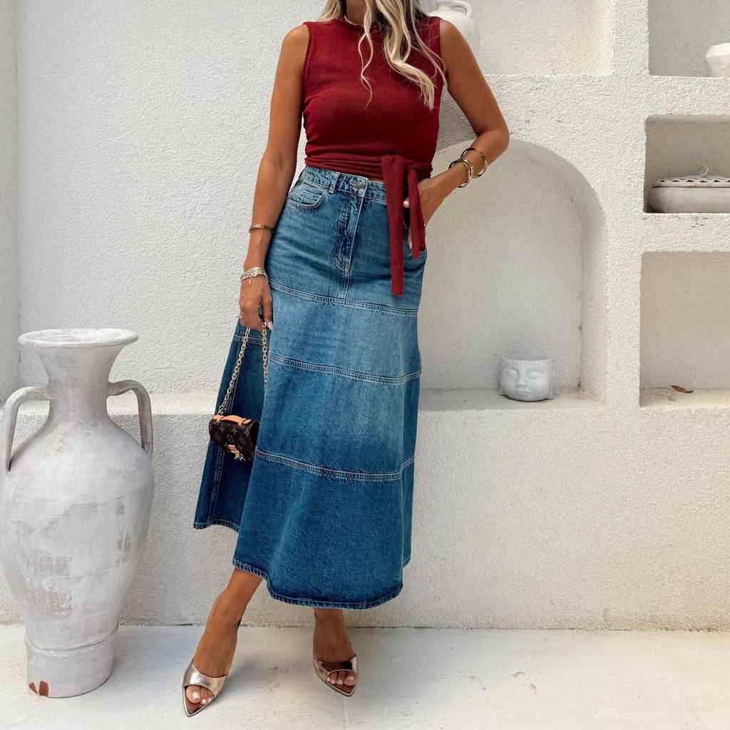 European & American Retro High-Waisted A-Line Denim Maxi Skirt for Women