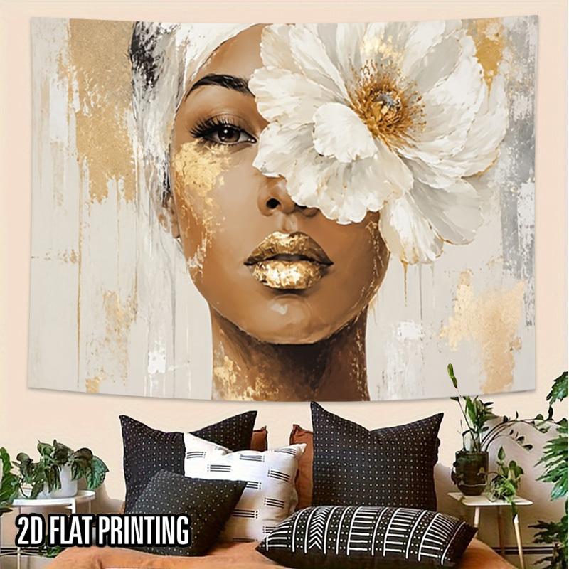 2D Flat, 1pc Horizontal Golden Woman Tapestry Wall Hanging - Elegant Female Face Art Suitable for Home Decor, Bedroom,, Party Backdrop, Modern Minimal