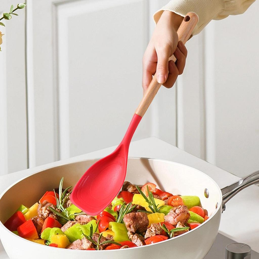Spoon Spatula Dishwasher Safe Spoon Wooden Handle Kitchen Spatula For Kitchen Baking Mixing Scraping Serving Frying