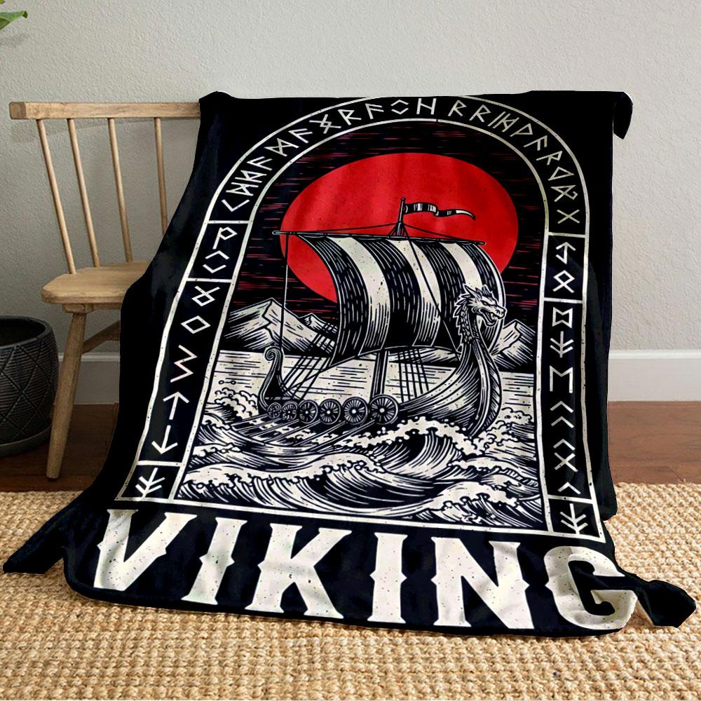A Viking Ship On Waves, Framed by Runes, with a Red Sun In the Background. for All Seasons Blanket Lunch Break Throw Gift