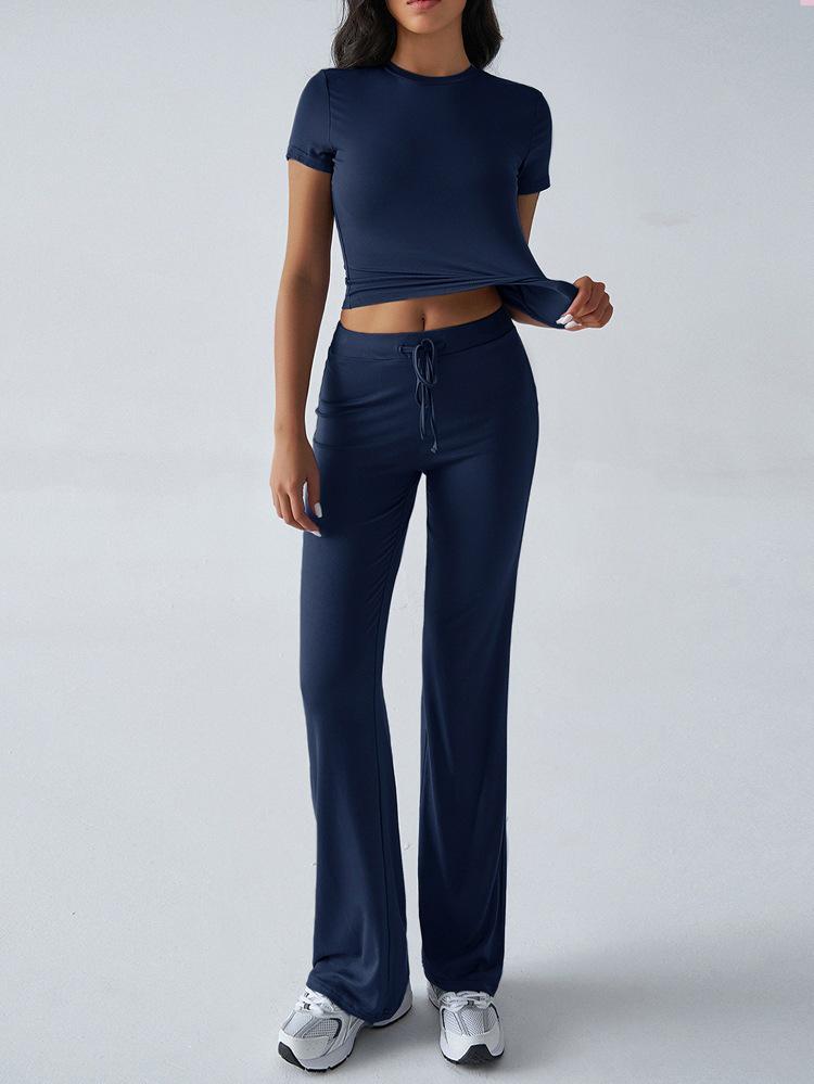 2025 European & American Women's Spring/Summer Solid Color Round Neck Set - Short Sleeve Top & Long Pants