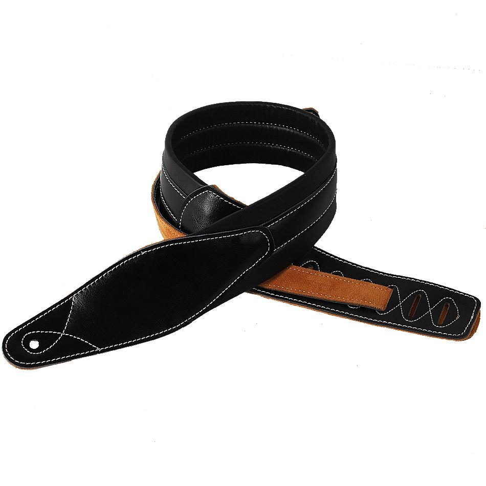 Genuine Leather Padded Black Guitar Strap for Electric Acoustic Guitar Bass Adjustable Belt Widen and Soft
