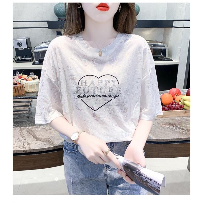 Women's Summer New High-end Ice Silk Short Sleeved T-shirt Thin, Loose, Gold Hot Stamping, Shiny Sequin Versatile Top