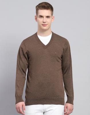 Mens Solid Brown V Neck Full Sleeve Pullover